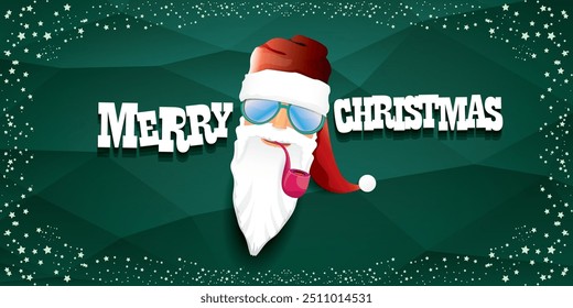 vector bad rock n roll dj santa claus with smoking pipe, beard and greeting calligraphic text on green horizontal banner background with stars. Green Christmas party wide poster background, flyer card