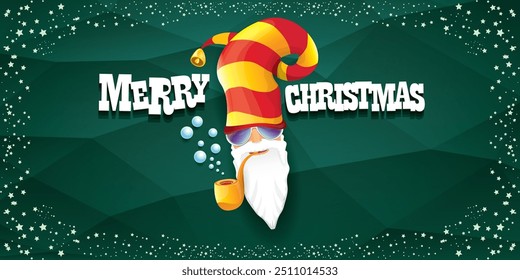 vector bad rock n roll dj santa claus with smoking pipe, beard and greeting calligraphic text on green horizontal banner background with stars. Green Christmas party wide poster background, flyer card