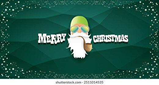 vector bad rock n roll dj santa claus with smoking pipe, beard and greeting calligraphic text on green horizontal banner background with stars. Green Christmas party wide poster background, flyer card