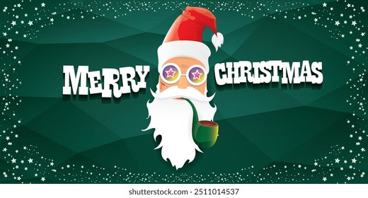 vector bad rock n roll dj santa claus with smoking pipe, beard and greeting calligraphic text on green horizontal banner background with stars. Green Christmas party wide poster background, flyer card