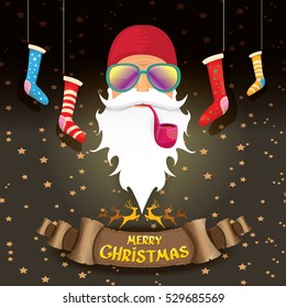 vector bad rock n roll dj santa claus with smoking pipe, funky beard and golden greeting calligraphic text on old vintage paper banner ribbon.. Christmas party hipster poster background .