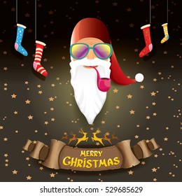 vector bad rock n roll dj santa claus with smoking pipe, funky beard and golden greeting calligraphic text on old vintage paper banner ribbon.. Christmas party hipster poster background .