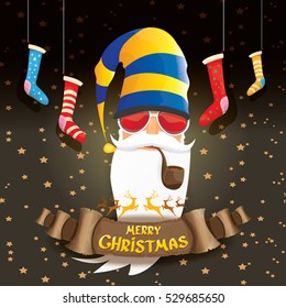 vector bad rock n roll dj santa claus with smoking pipe, funky beard and golden greeting calligraphic text on old vintage paper banner ribbon.. Christmas party hipster poster background .