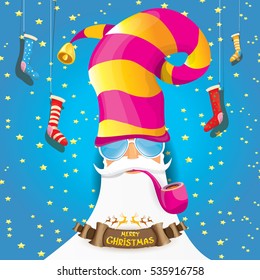 vector bad rock n roll dj santa claus with smoking pipe, funky beard and golden greeting calligraphic text on old vintage paper banner ribbon.. Christmas party hipster poster background .