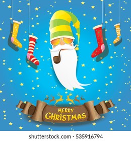 vector bad rock n roll dj santa claus with smoking pipe, funky beard and golden greeting calligraphic text on old vintage paper banner ribbon.. Christmas party hipster poster background .