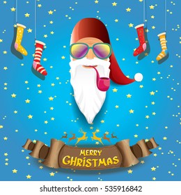 vector bad rock n roll dj santa claus with smoking pipe, funky beard and golden greeting calligraphic text on old vintage paper banner ribbon.. Christmas party hipster poster background .