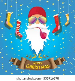 vector bad rock n roll dj santa claus with smoking pipe, funky beard and golden greeting calligraphic text on old vintage paper banner ribbon.. Christmas party hipster poster background .