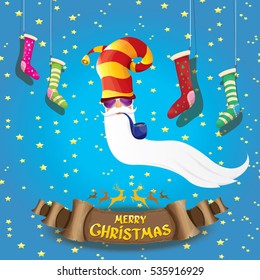 vector bad rock n roll dj santa claus with smoking pipe, funky beard and golden greeting calligraphic text on old vintage paper banner ribbon.. Christmas party hipster poster background .