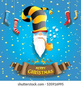 vector bad rock n roll dj santa claus with smoking pipe, funky beard and golden greeting calligraphic text on old vintage paper banner ribbon.. Christmas party hipster poster background .