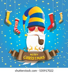 vector bad rock n roll dj santa claus with smoking pipe, funky beard and golden greeting calligraphic text on old vintage paper banner ribbon.. Christmas party hipster poster background .