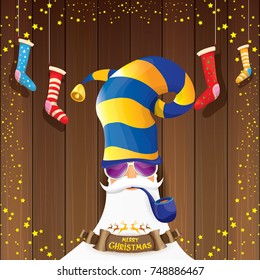 vector bad rock n roll dj santa claus with smoking pipe, funky beard and golden greeting calligraphic text on old vintage paper banner ribbon.. Christmas party hipster poster background .