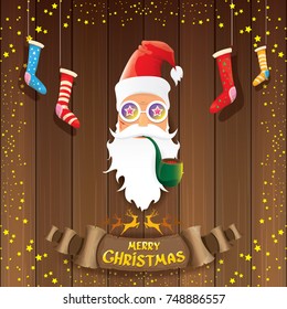 vector bad rock n roll dj santa claus with smoking pipe, funky beard and golden greeting calligraphic text on old vintage paper banner ribbon.. Christmas party hipster poster background .