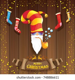 vector bad rock n roll dj santa claus with smoking pipe, funky beard and golden greeting calligraphic text on old vintage paper banner ribbon.. Christmas party hipster poster background .