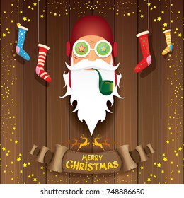 vector bad rock n roll dj santa claus with smoking pipe, funky beard and golden greeting calligraphic text on old vintage paper banner ribbon.. Christmas party hipster poster background .