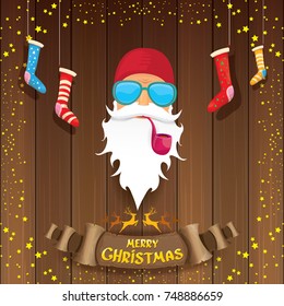 vector bad rock n roll dj santa claus with smoking pipe, funky beard and golden greeting calligraphic text on old vintage paper banner ribbon.. Christmas party hipster poster background .