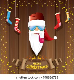 vector bad rock n roll dj santa claus with smoking pipe, funky beard and golden greeting calligraphic text on old vintage paper banner ribbon.. Christmas party hipster poster background .