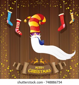 vector bad rock n roll dj santa claus with smoking pipe, funky beard and golden greeting calligraphic text on old vintage paper banner ribbon.. Christmas party hipster poster background .