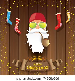 vector bad rock n roll dj santa claus with smoking pipe, funky beard and golden greeting calligraphic text on old vintage paper banner ribbon.. Christmas party hipster poster background .