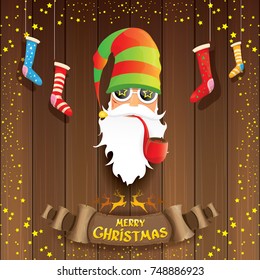 vector bad rock n roll dj santa claus with smoking pipe, funky beard and golden greeting calligraphic text on old vintage paper banner ribbon.. Christmas party hipster poster background .