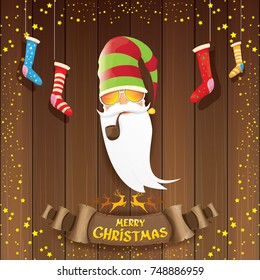 vector bad rock n roll dj santa claus with smoking pipe, funky beard and golden greeting calligraphic text on old vintage paper banner ribbon.. Christmas party hipster poster background .