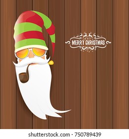 vector bad rock n roll dj santa claus with smoking pipe, funky beard and greeting calligraphic text on old vintage wooden background.. Christmas party hipster poster background .