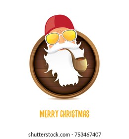 vector bad rock n roll dj santa claus with smoking pipe, funky beard and greeting calligraphic text on old vintage circle wooden board sign. Christmas party hipster poster background design template.