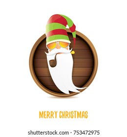 vector bad rock n roll dj santa claus with smoking pipe, funky beard and greeting calligraphic text on old vintage circle wooden board sign. Christmas party hipster poster background design template.