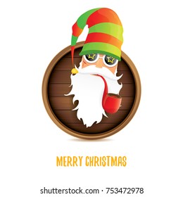 vector bad rock n roll dj santa claus with smoking pipe, funky beard and greeting calligraphic text on old vintage circle wooden board sign. Christmas party hipster poster background design template.