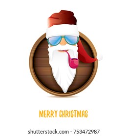 vector bad rock n roll dj santa claus with smoking pipe, funky beard and greeting calligraphic text on old vintage circle wooden board sign. Christmas party hipster poster background design template.