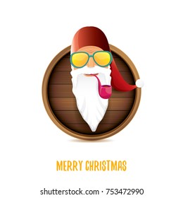 vector bad rock n roll dj santa claus with smoking pipe, funky beard and greeting calligraphic text on old vintage circle wooden board sign. Christmas party hipster poster background design template.