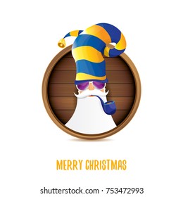 vector bad rock n roll dj santa claus with smoking pipe, funky beard and greeting calligraphic text on old vintage circle wooden board sign. Christmas party hipster poster background design template.