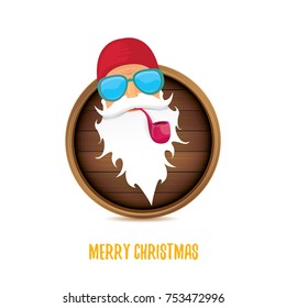 vector bad rock n roll dj santa claus with smoking pipe, funky beard and greeting calligraphic text on old vintage circle wooden board sign. Christmas party hipster poster background design template.