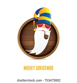 vector bad rock n roll dj santa claus with smoking pipe, funky beard and greeting calligraphic text on old vintage circle wooden board sign. Christmas party hipster poster background design template.