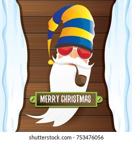 vector bad rock n roll dj santa claus with smoking pipe, funky beard and greeting calligraphic text on old vintage wooden background with snow cap. Christmas party hipster poster background .