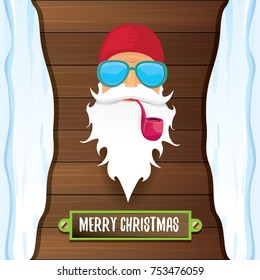vector bad rock n roll dj santa claus with smoking pipe, funky beard and greeting calligraphic text on old vintage wooden background with snow cap. Christmas party hipster poster background .