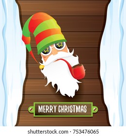 vector bad rock n roll dj santa claus with smoking pipe, funky beard and greeting calligraphic text on old vintage wooden background with snow cap. Christmas party hipster poster background .