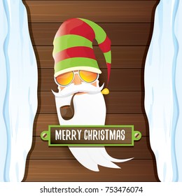 vector bad rock n roll dj santa claus with smoking pipe, funky beard and greeting calligraphic text on old vintage wooden background with snow cap. Christmas party hipster poster background .