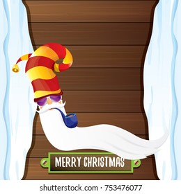 vector bad rock n roll dj santa claus with smoking pipe, funky beard and greeting calligraphic text on old vintage wooden background with snow cap. Christmas party hipster poster background .