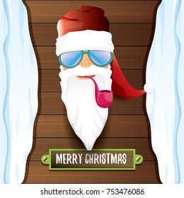 vector bad rock n roll dj santa claus with smoking pipe, funky beard and greeting calligraphic text on old vintage wooden background with snow cap. Christmas party hipster poster background .