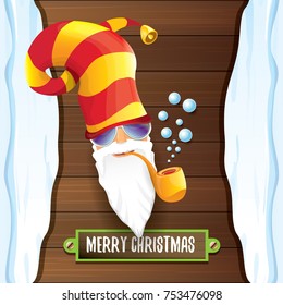 vector bad rock n roll dj santa claus with smoking pipe, funky beard and greeting calligraphic text on old vintage wooden background with snow cap. Christmas party hipster poster background .
