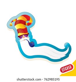 vector bad rock n roll dj santa claus sticker or labelwith smoking pipe, funky beard isolated on white background . Christmas party hipster poster background design template.