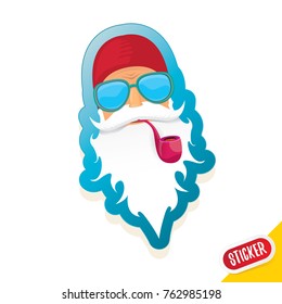 vector bad rock n roll dj santa claus sticker or labelwith smoking pipe, funky beard isolated on white background . Christmas party hipster poster background design template.