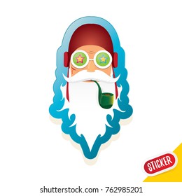 vector bad rock n roll dj santa claus sticker or labelwith smoking pipe, funky beard isolated on white background . Christmas party hipster poster background design template.