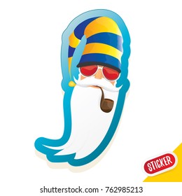 vector bad rock n roll dj santa claus sticker or labelwith smoking pipe, funky beard isolated on white background . Christmas party hipster poster background design template.