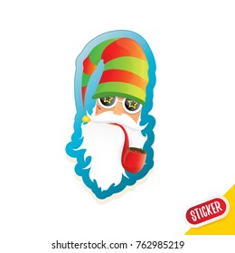 vector bad rock n roll dj santa claus sticker or labelwith smoking pipe, funky beard isolated on white background . Christmas party hipster poster background design template.