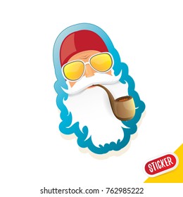 vector bad rock n roll dj santa claus sticker or labelwith smoking pipe, funky beard isolated on white background . Christmas party hipster poster background design template.