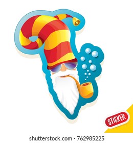 vector bad rock n roll dj santa claus sticker or labelwith smoking pipe, funky beard isolated on white background . Christmas party hipster poster background design template.