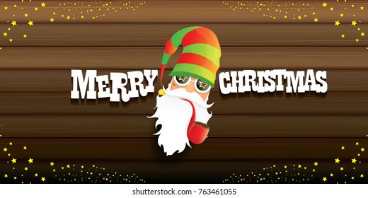 vector bad rock n roll dj santa claus with smoking pipe, beard and greeting calligraphic text on old vintage wooden horizomtal banner background. Christmas party hipster horizontal poster background .