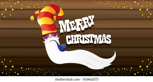 vector bad rock n roll dj santa claus with smoking pipe, beard and greeting calligraphic text on old vintage wooden horizomtal banner background. Christmas party hipster horizontal poster background .