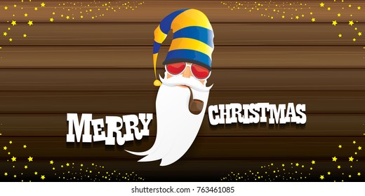 vector bad rock n roll dj santa claus with smoking pipe, beard and greeting calligraphic text on old vintage wooden horizomtal banner background. Christmas party hipster horizontal poster background .